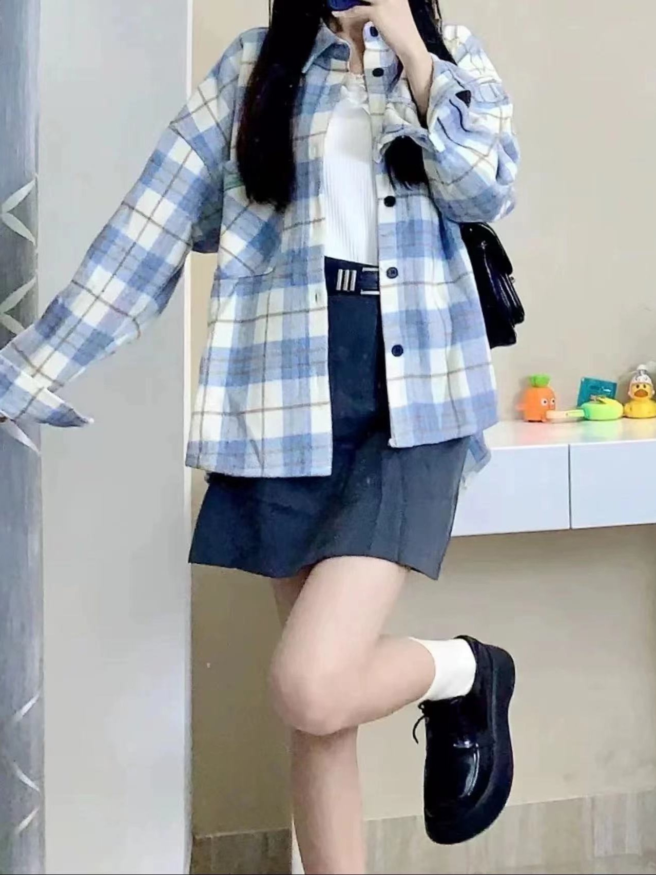 Japanese POLO collar plaid shirt long-sleeved women's early spring Korean style loose design niche lazy style jacket trend