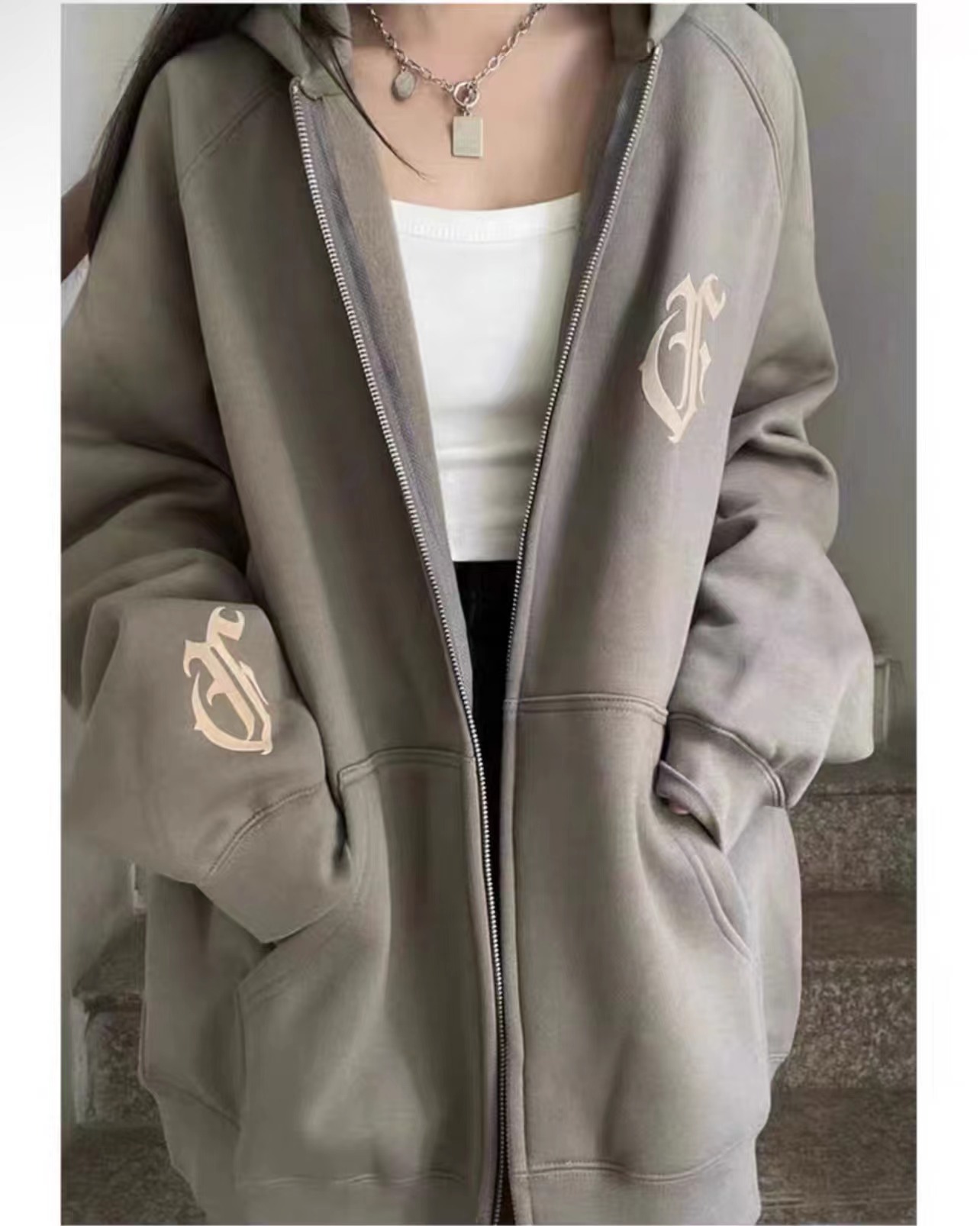 CVC Huamian  new coat autumn and winter ins national trend Korean version lazy loose zipper cardigan hooded sweatshirt for women