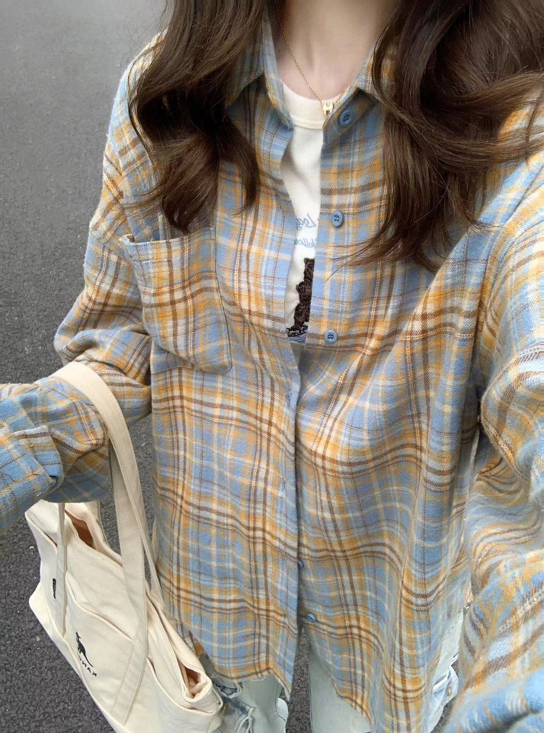 Dopamine Light Luxury Premium Pure Cotton Plaid Shirt Women's Layered Loose Casual Slim Long Sleeve Shirt for Outerwear