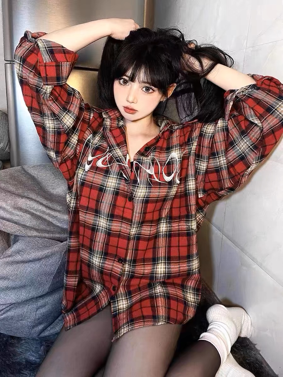 American retro red embroidered plaid shirt women's trendy brand long-sleeved top hiphop high street autumn shirt jacket