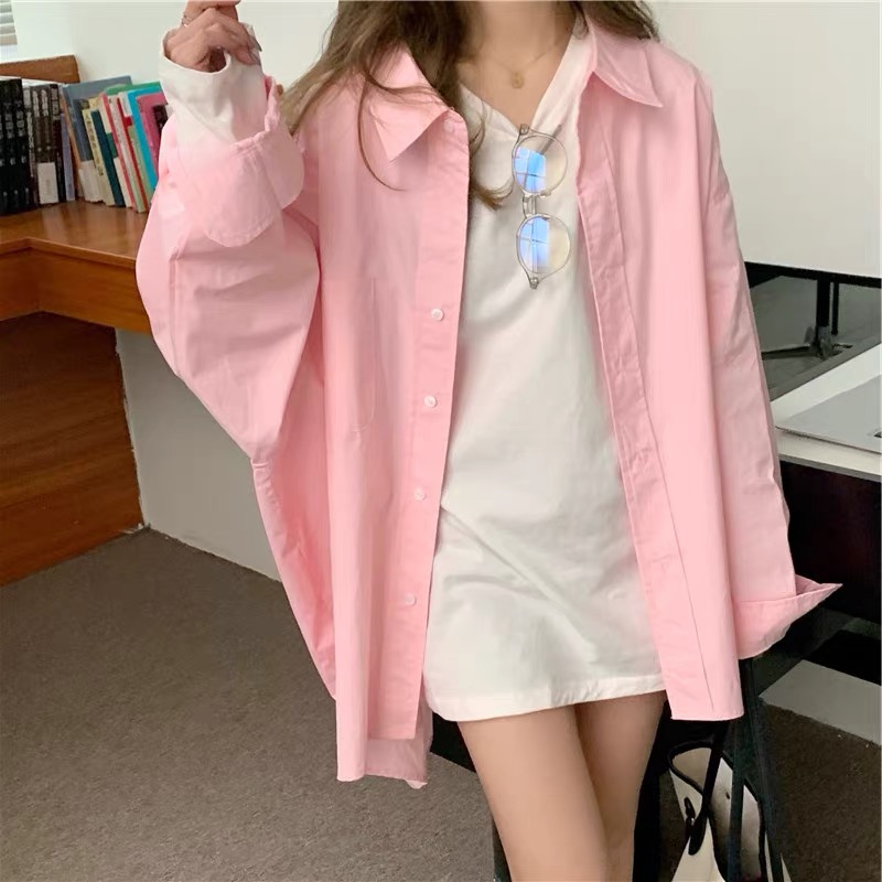 Pink polo collar shirt jacket autumn  new Korean fashion age-reducing casual loose long-sleeved top for women