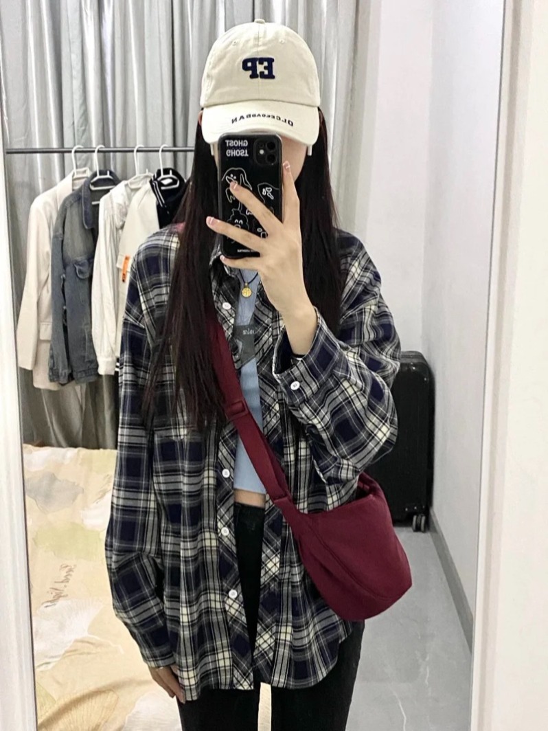 Korean retro long-sleeved plaid shirt jacket for women spring and autumn design loose niche versatile lapel shirt trend