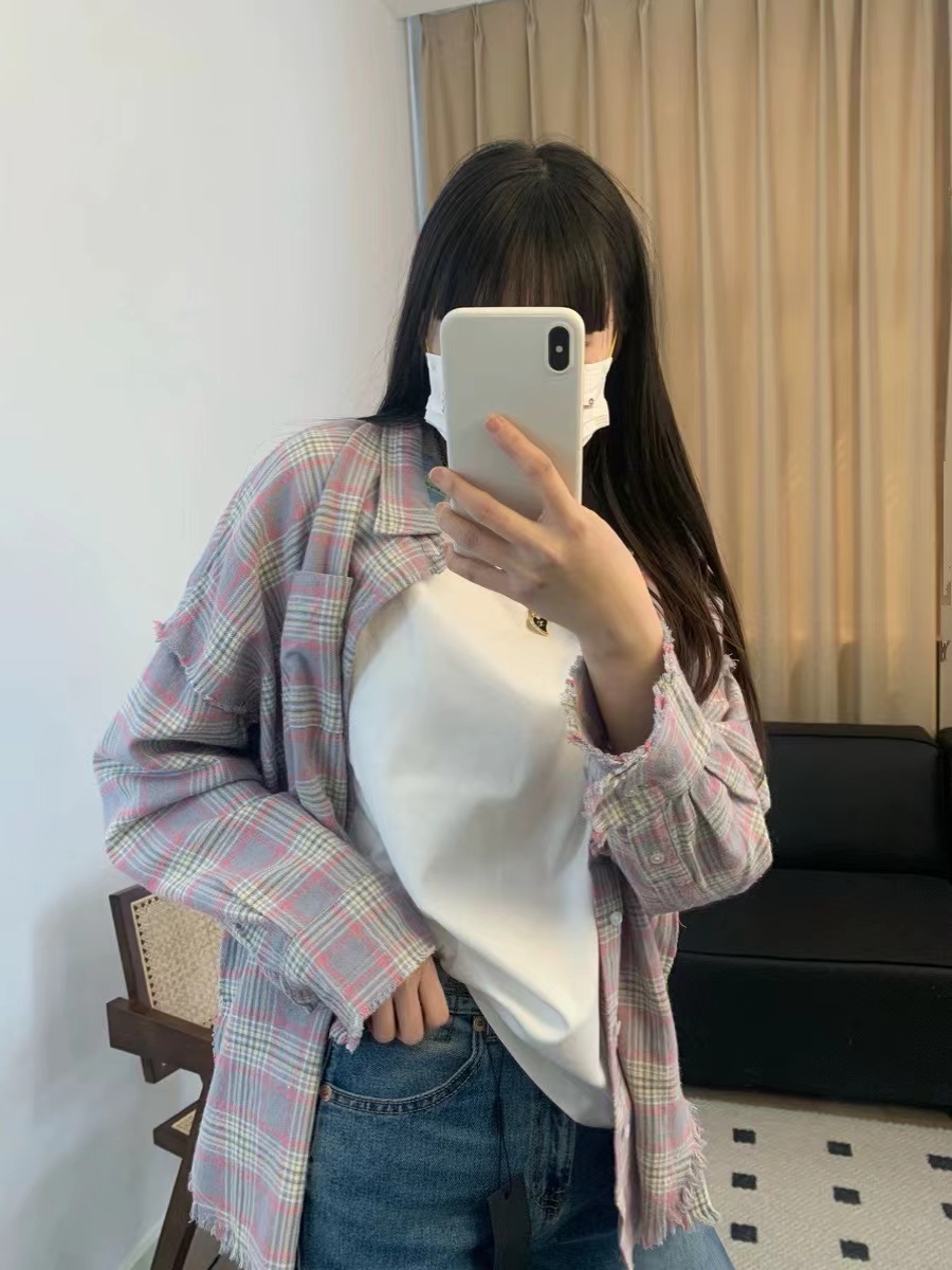 Korean sweet style pink plaid shirt for women, loose casual shirt, long-sleeved top, cardigan jacket worn inside and outside