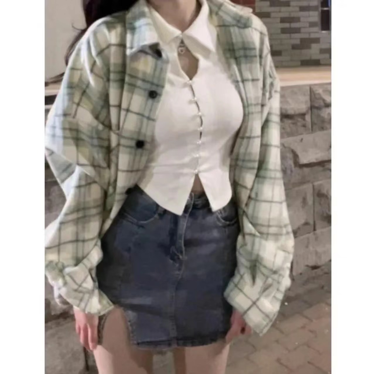 Mint Green Long Sleeve Plaid Shirt Women's Casual French Style Retro Lazy Shirt  Autumn New Top