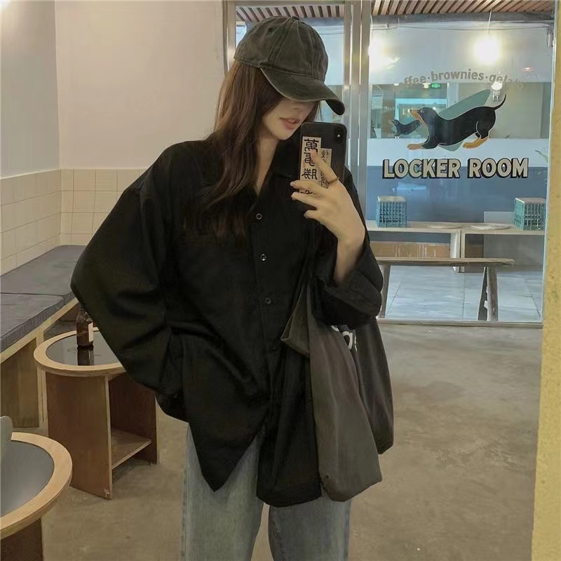 Designed pure cotton retro black shirt women's trendy and cool mid-length spring shirt long-sleeved top jacket