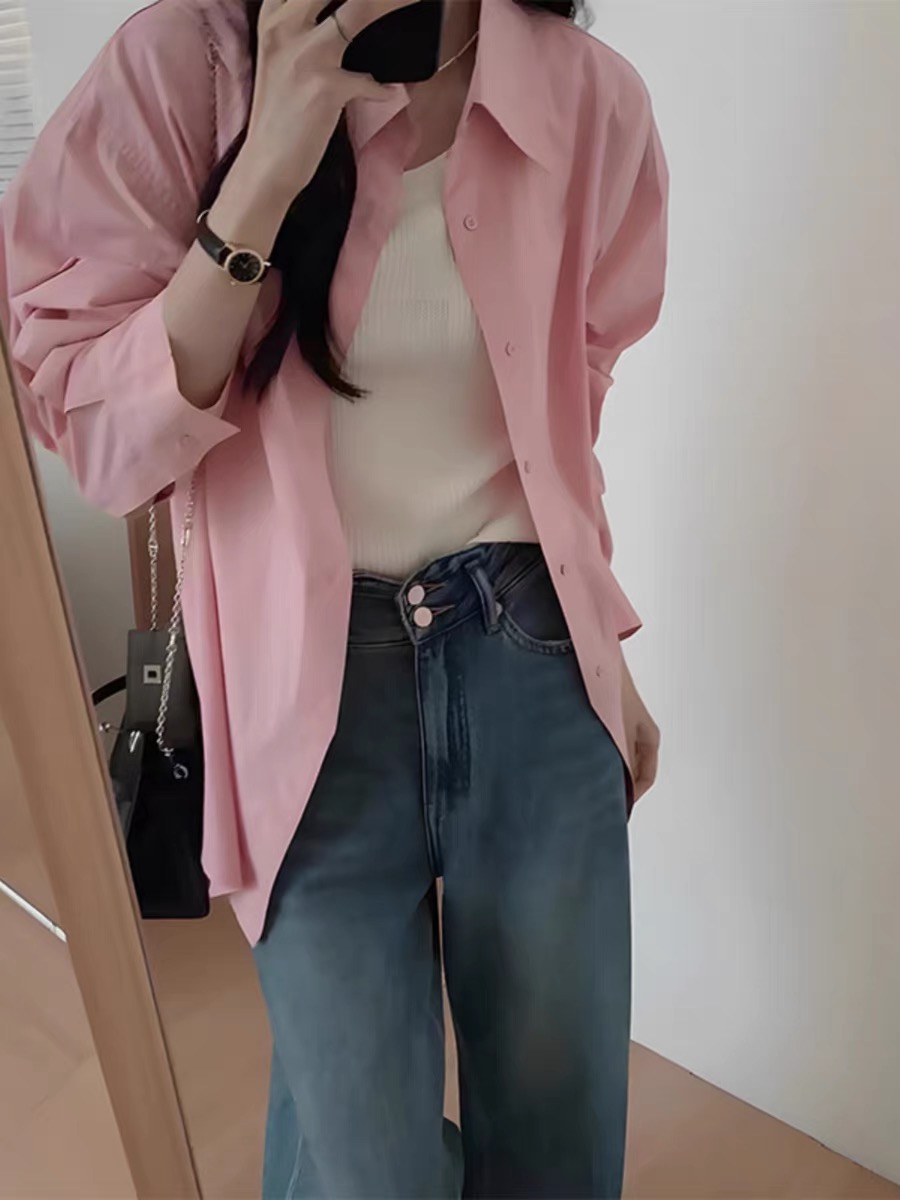 Pink polo collar shirt jacket autumn  new Korean fashion age-reducing casual loose long-sleeved top for women