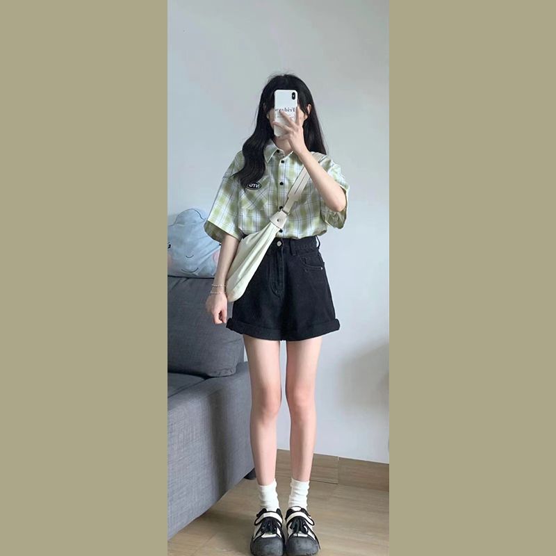 Original fabric green plaid short-sleeved shirt for women summer new shirt design niche unique top