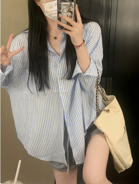 Lazy Style Striped Lapel Long Sleeve Sun Protection Shirt Women's  New Top Summer Loose Casual Outerwear