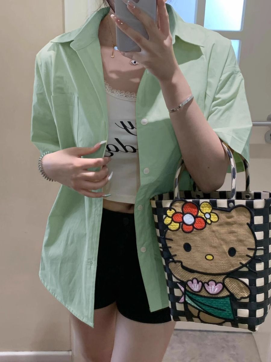 Green short-sleeved shirt for women 2024 new summer loose Korean style solid color top versatile casual niche fresh shirt