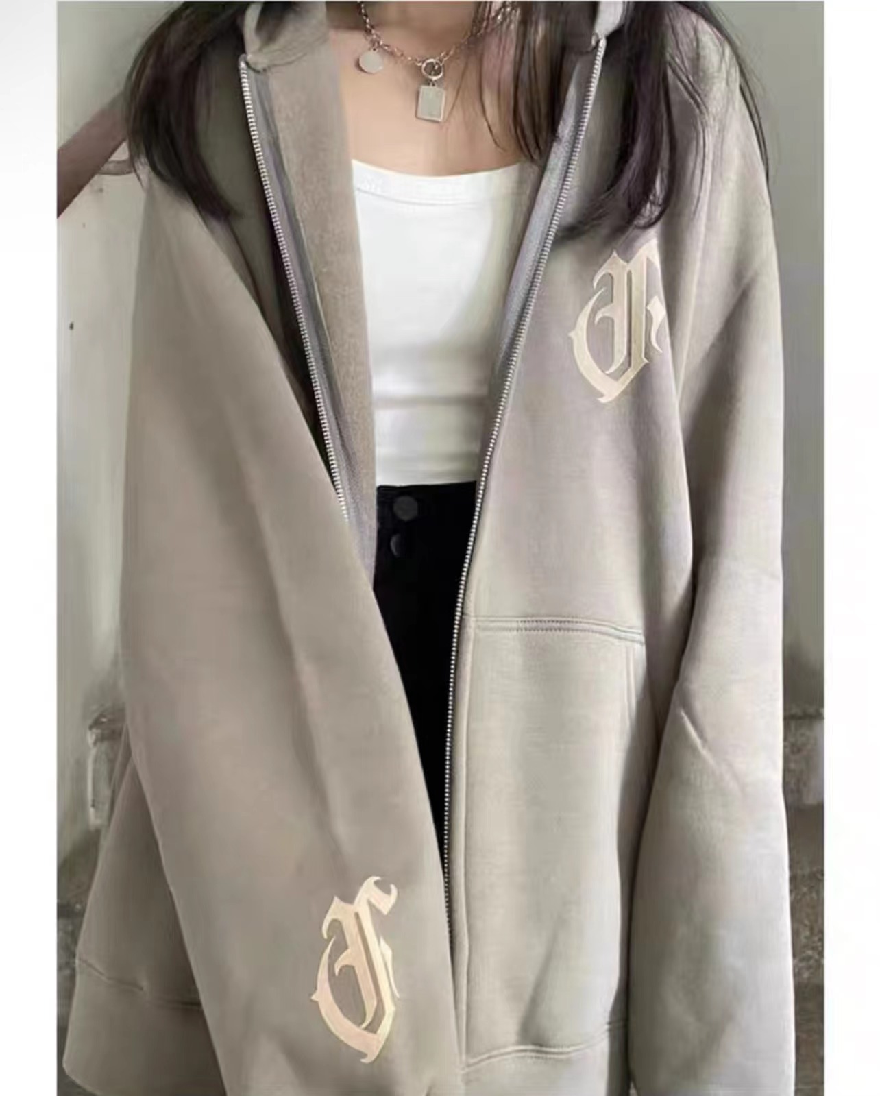 CVC Huamian 2024 new coat autumn and winter ins national trend Korean version lazy loose zipper cardigan hooded sweatshirt for women