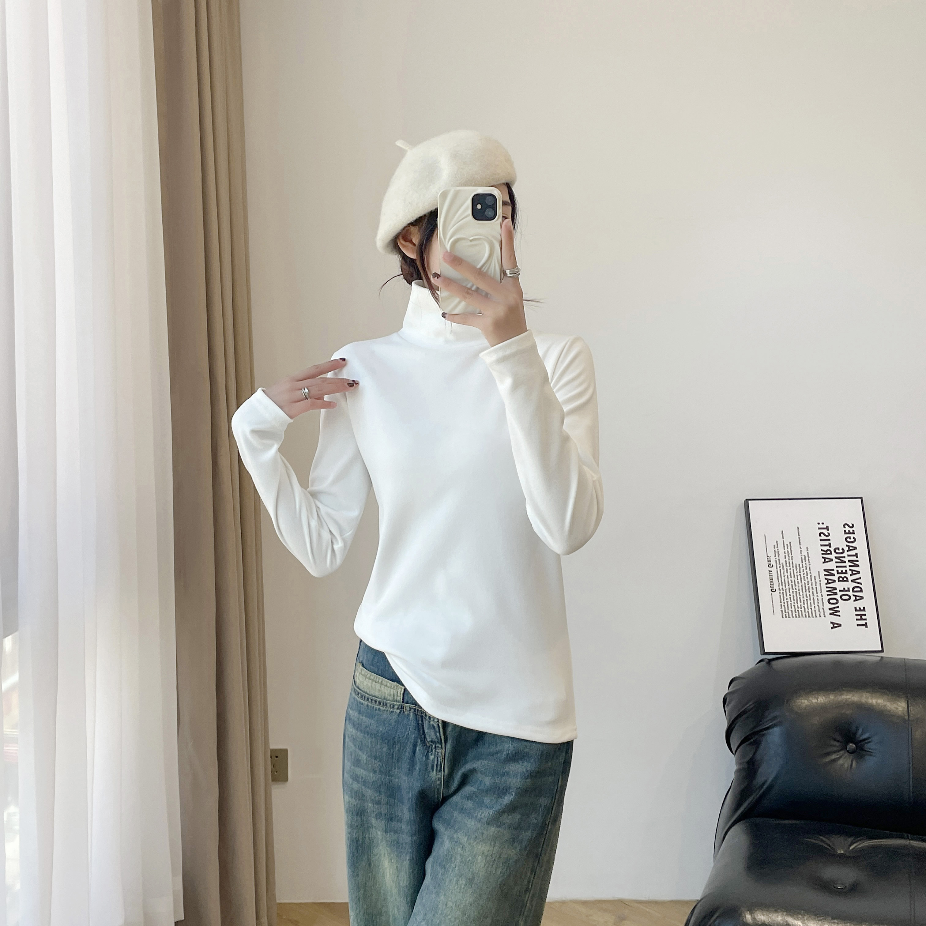 Real shot of half turtleneck bottoming shirt for women  new style plus velvet and thickened German velvet solid color inner long-sleeved top sweater