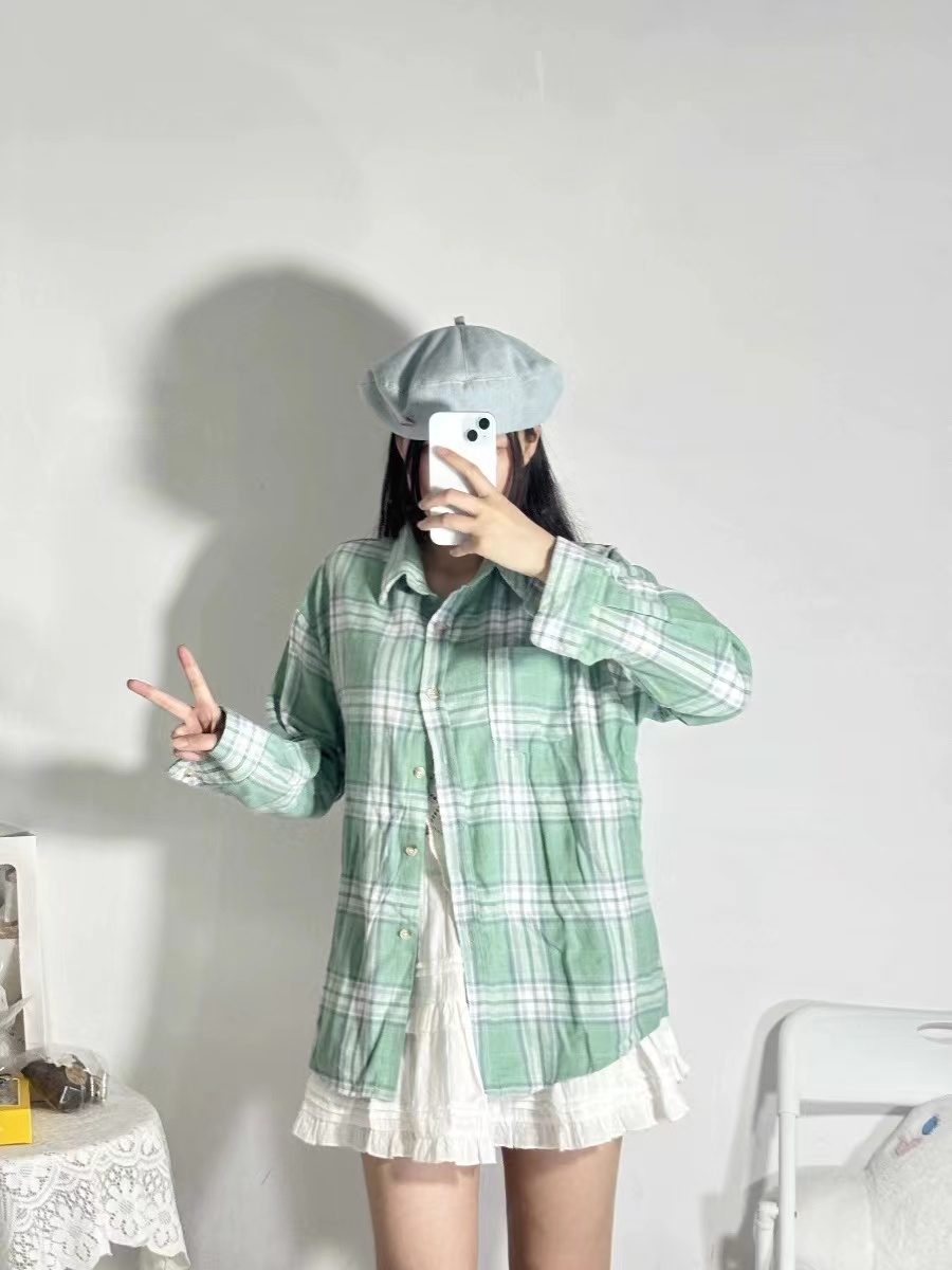 Original fabric green cotton plaid shirt for women layered bottoming top loose slimming shirt