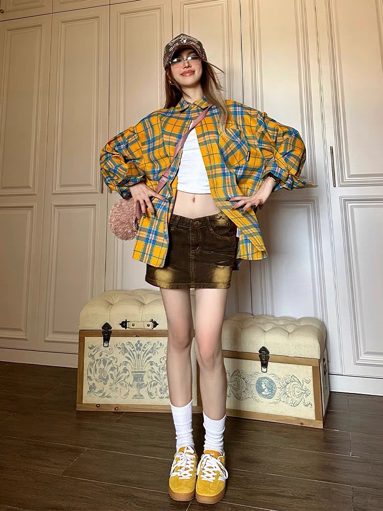 Yellow plaid shirt women's autumn design niche loose high street retro Polo collar long-sleeved shirt ins trend