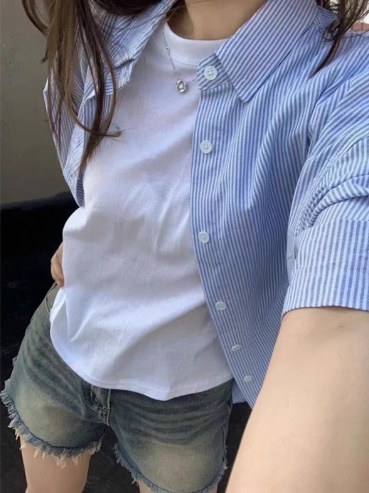 Pure cotton blue striped short-sleeved shirt top summer women's high-end chic and beautiful shirt French design shirt