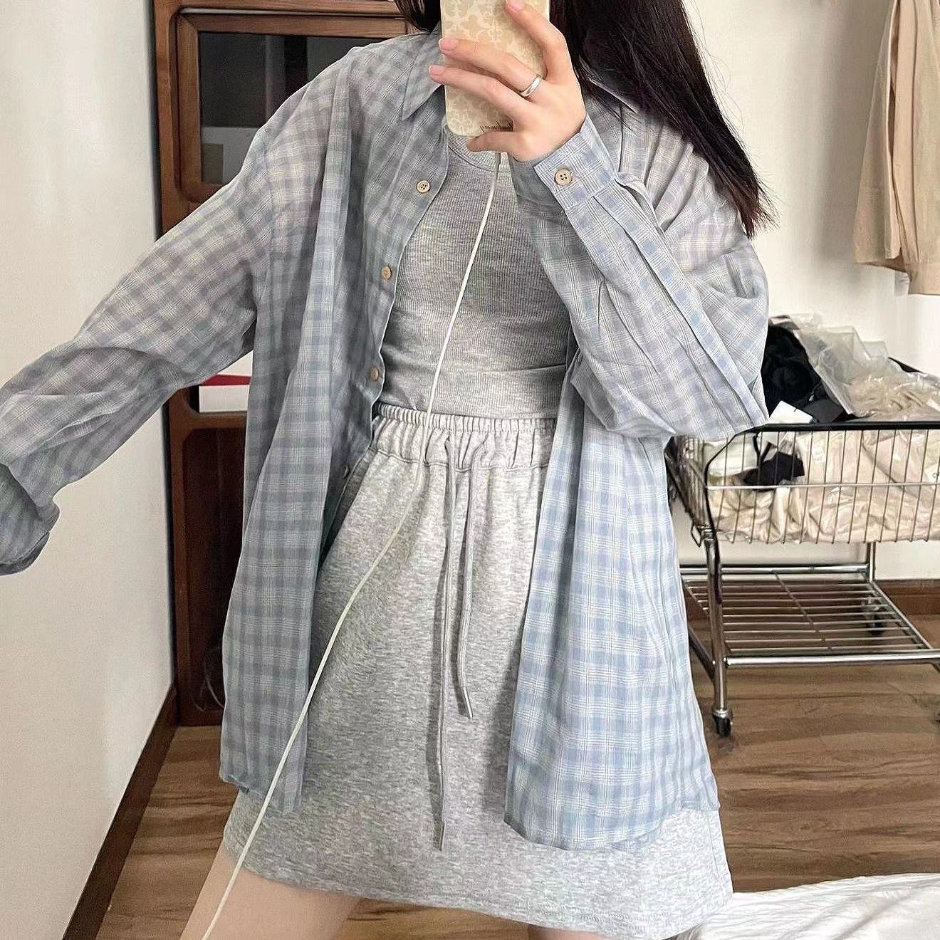 Original fabric blue plaid shirt women's summer sun protection shirt loose lazy style cardigan thin casual long sleeve