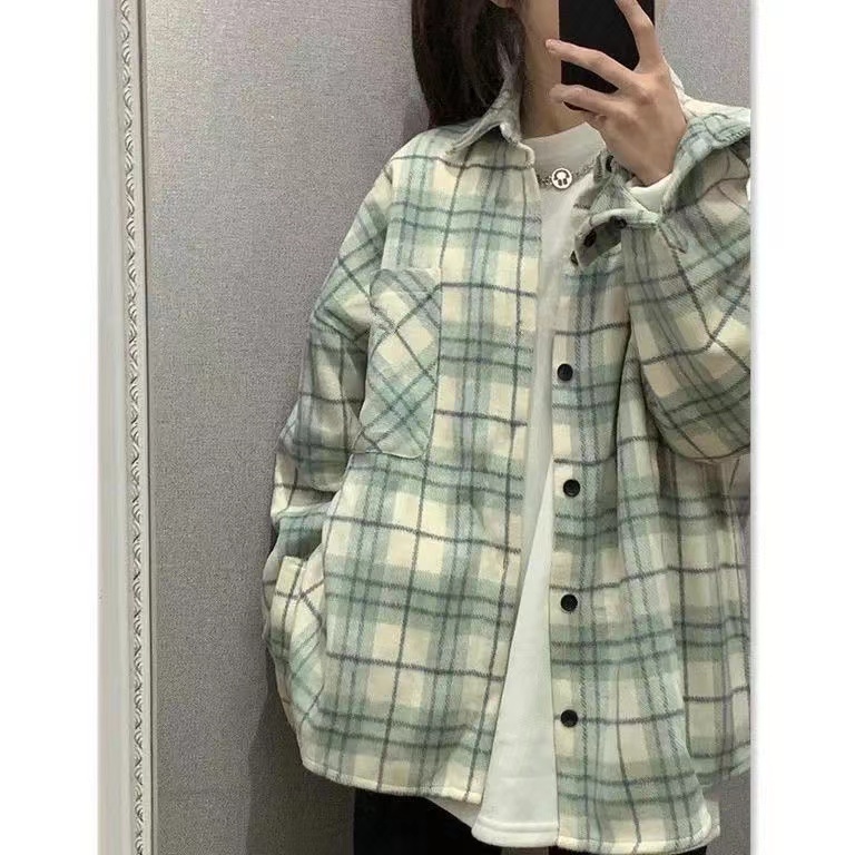 Mint Green Long Sleeve Plaid Shirt Women's Casual French Style Retro Lazy Shirt  Autumn New Top