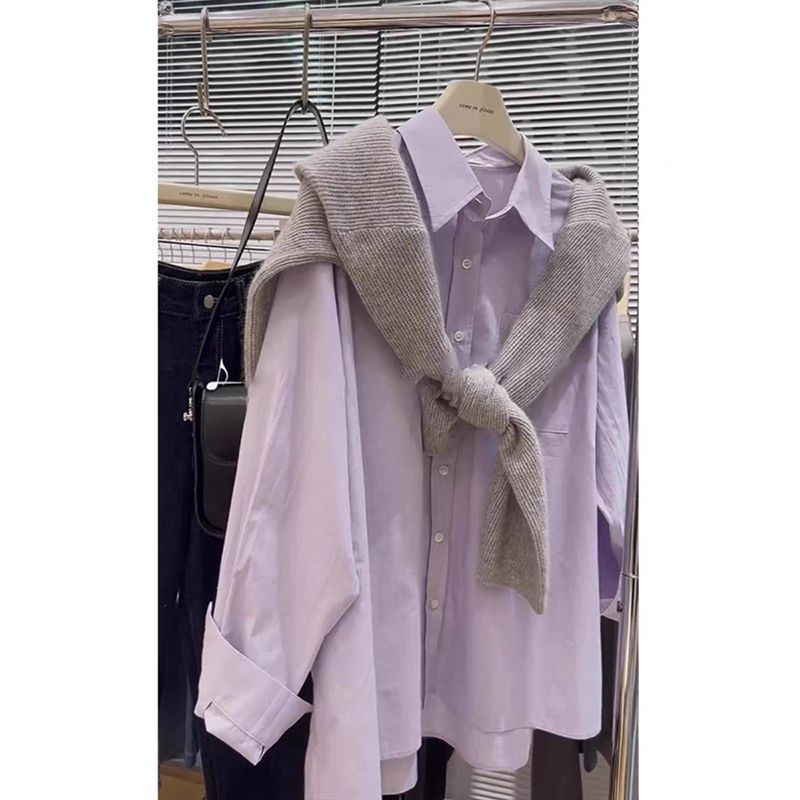 Purple shirt women's new spring design niche shirt with pure cotton layered long-sleeved top jacket