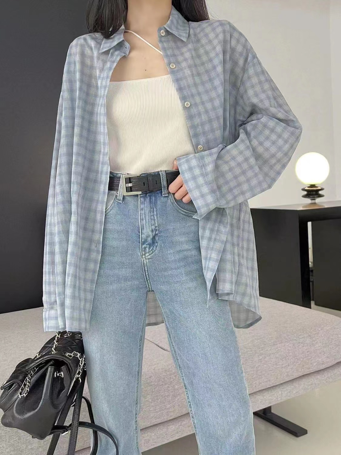 Original fabric blue plaid shirt women's summer sun protection shirt loose lazy style cardigan thin casual long sleeve