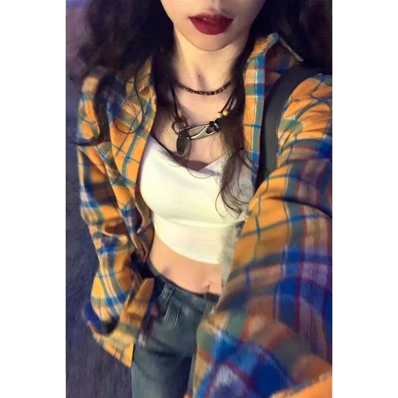 Yellow plaid shirt women's spring design niche loose high street retro Polo collar long-sleeved shirt ins trend