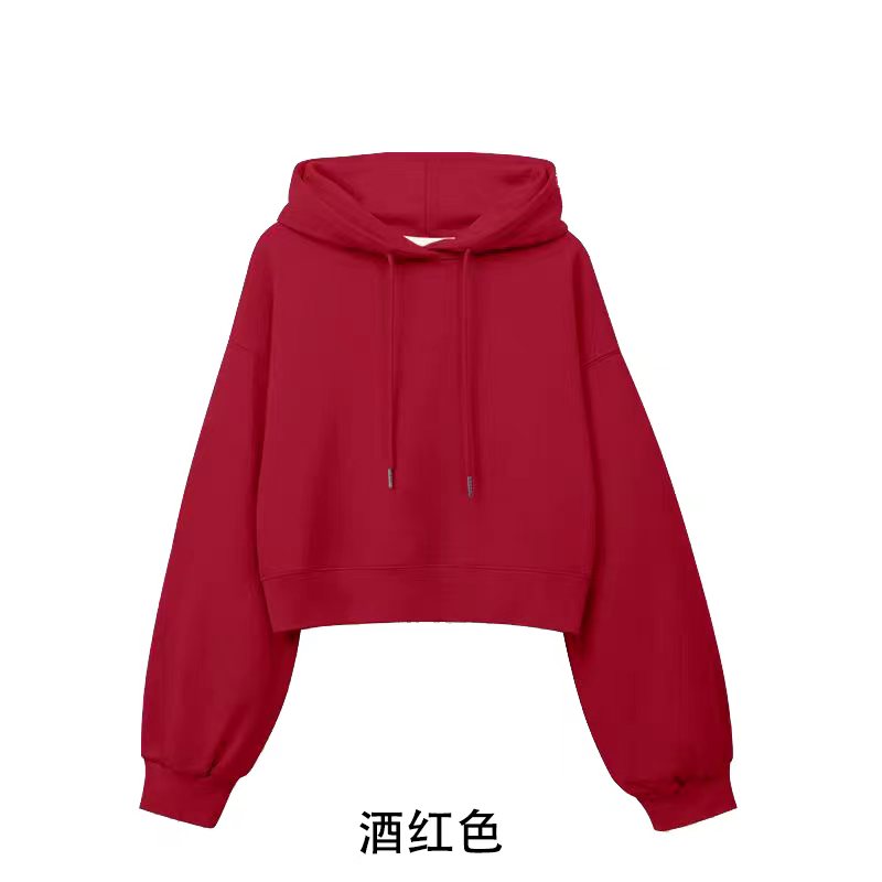 100% cotton surface Chinese cotton wool composite milk silk 320g light version short hooded thin sweatshirt for women blank version