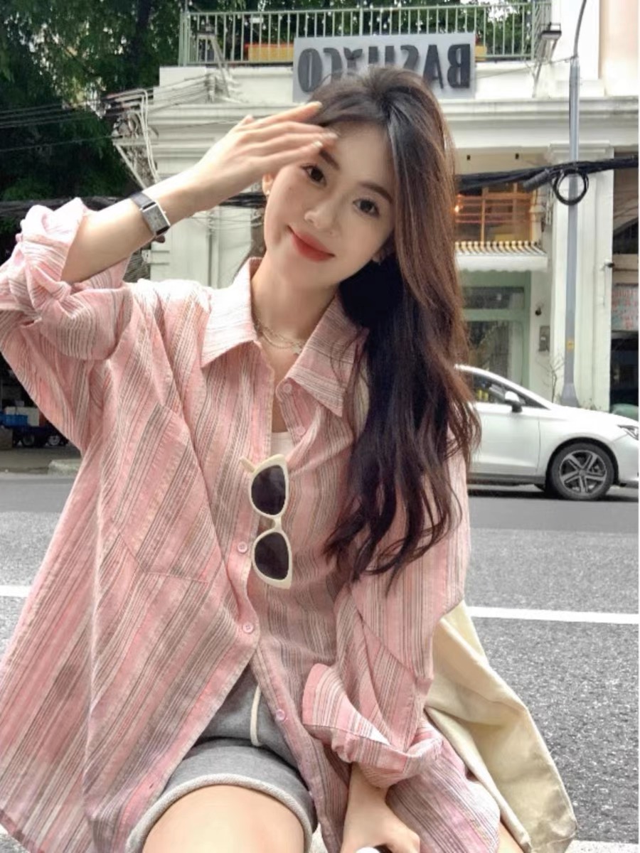 Original fabric breathable and thin striped cotton and linen long-sleeved shirt for women summer oversize design pink sun protection