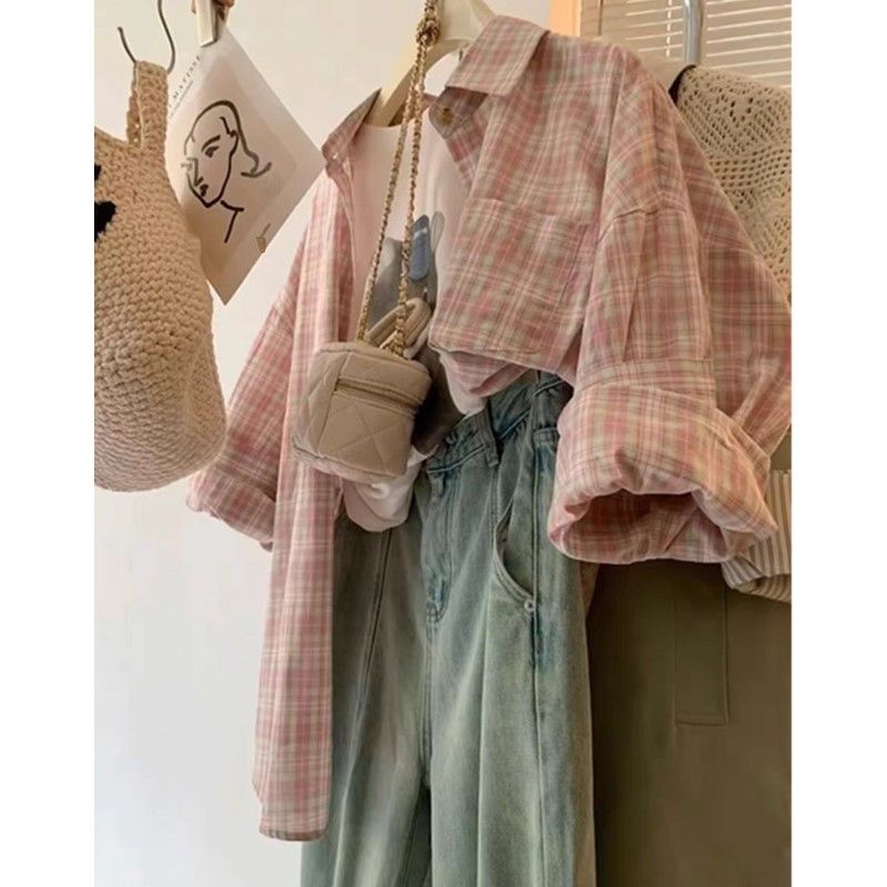 Niche unique and chic super good-looking pink plaid shirt for women loose layered French casual shirt long-sleeved top