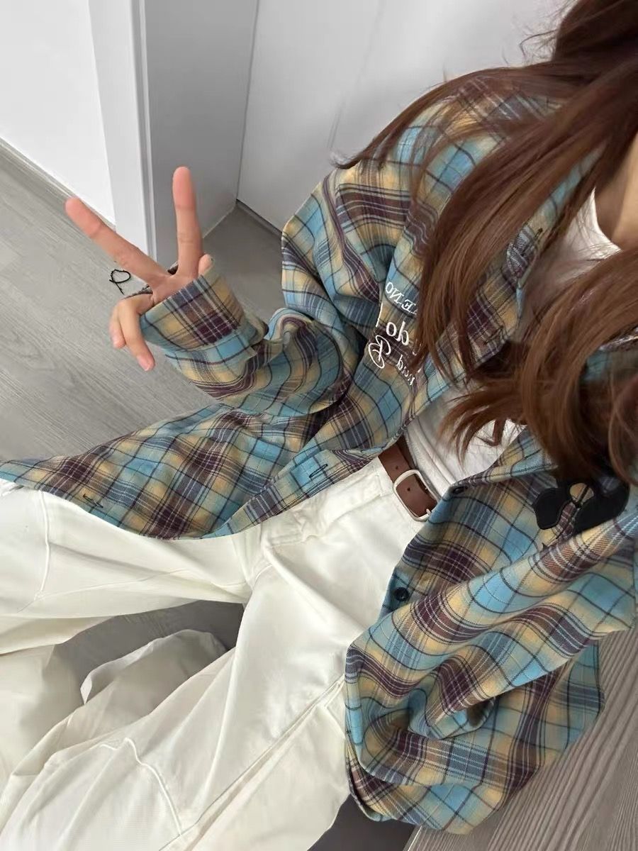 American retro POLO plaid long-sleeved shirt for women Korean style loose outer wear high street hip-hop casual ins jacket trendy