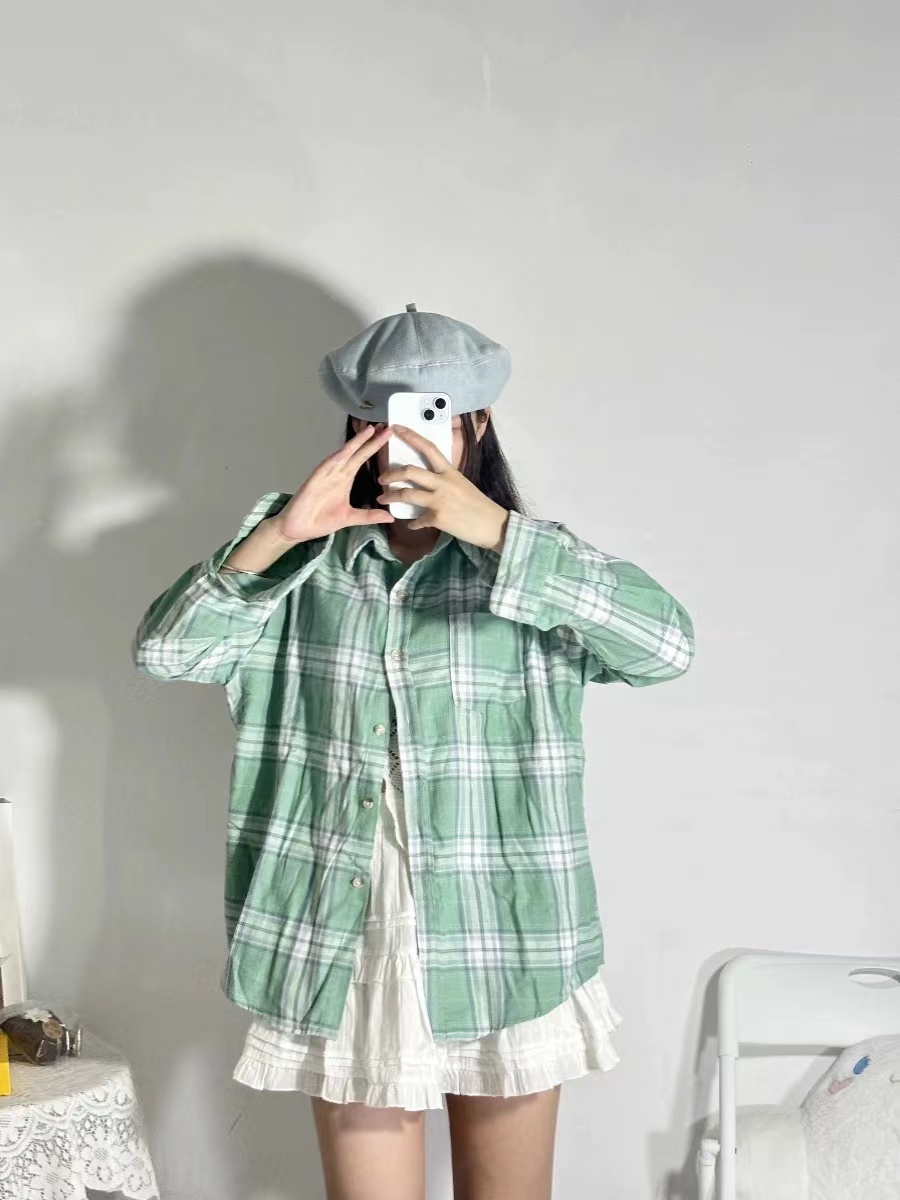 Original fabric green cotton plaid shirt for women layered bottoming top loose slimming shirt