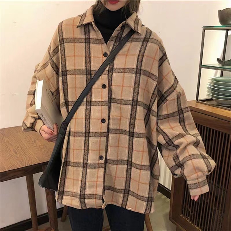 / Long-sleeved plaid shirt for women, autumn and winter outer wear, loose retro Hong Kong style design niche versatile shirt