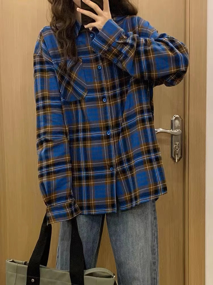 oversize retro blue-brown plaid shirt jacket women's autumn and winter loose lazy style shirt wear cardigan