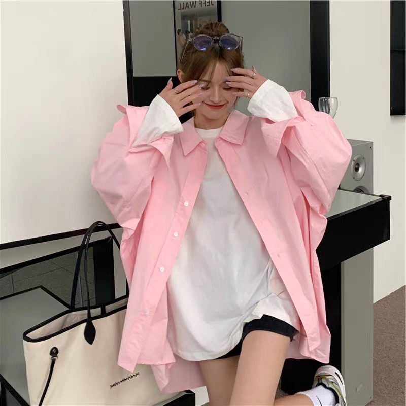 Pink polo collar shirt jacket autumn  new Korean fashion age-reducing casual loose long-sleeved top for women