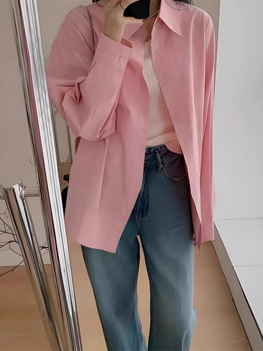 Pink polo collar shirt jacket autumn  new Korean fashion age-reducing casual loose long-sleeved top for women