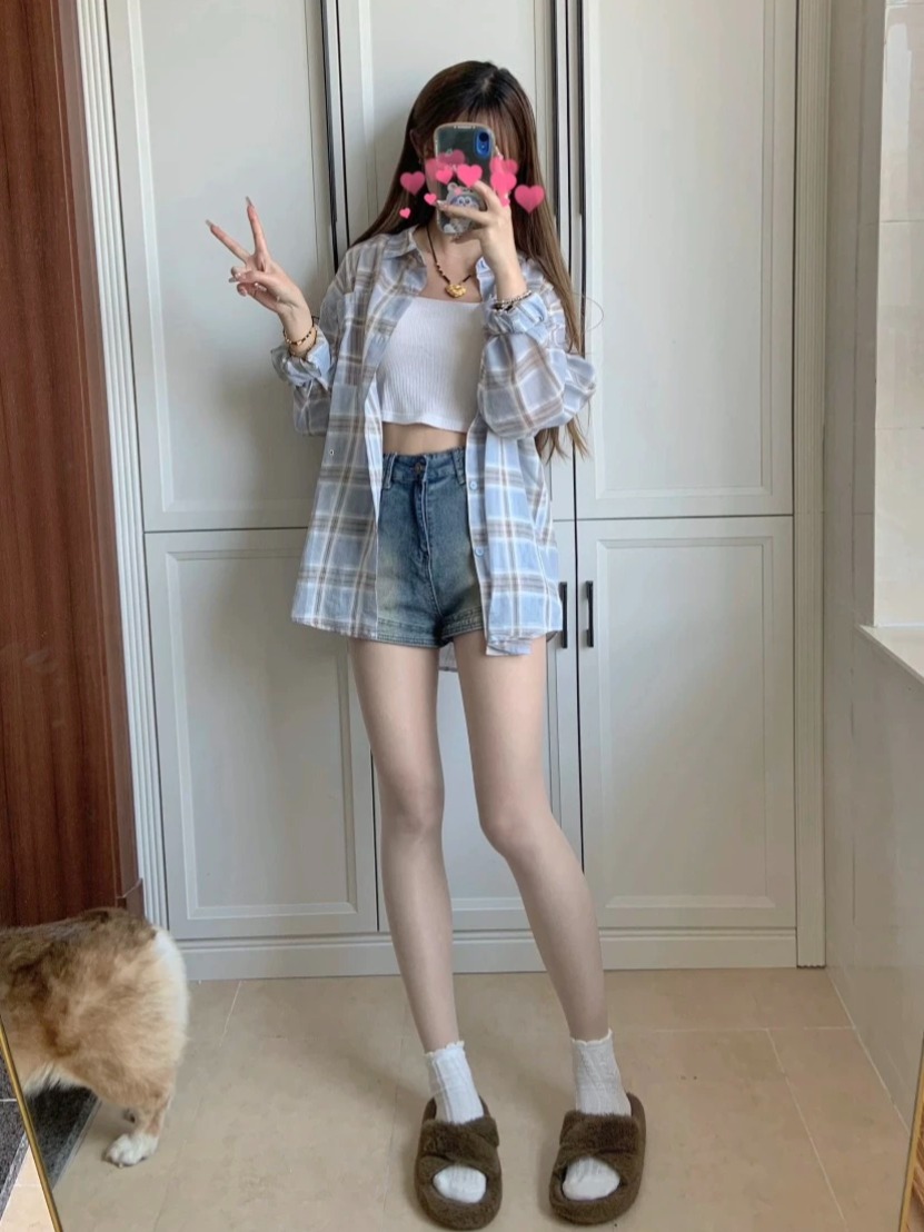 Blue plaid shirt for women 2024 early spring layered outer design niche fashionable outer shirt summer jacket