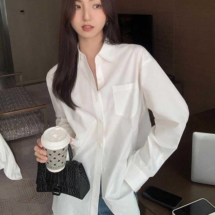 Velvet pure cotton  new casual white long-sleeved shirt women's thin top loose niche jacket