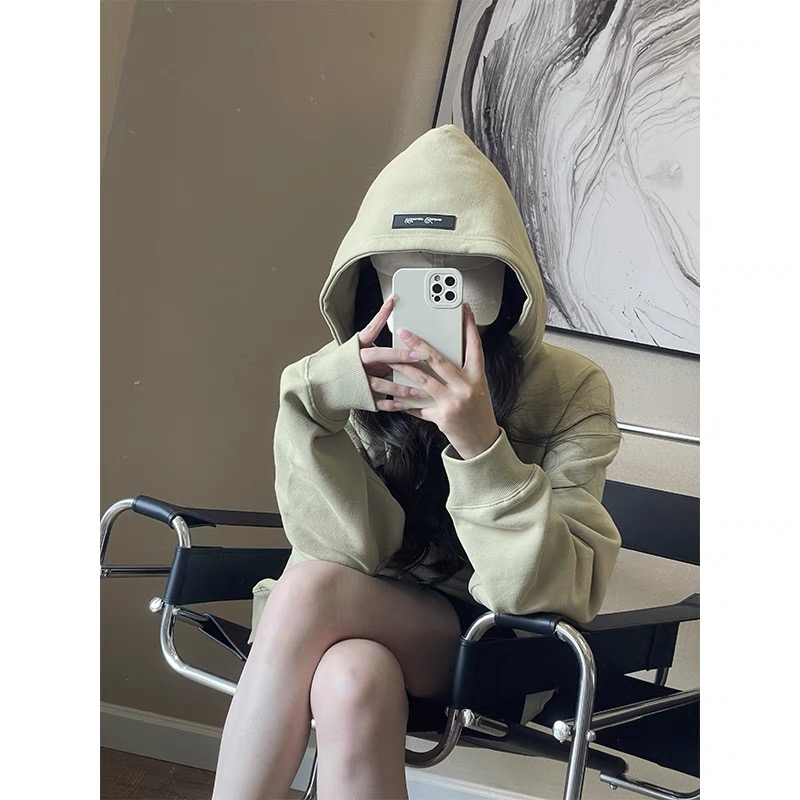 CVC Huamian American retro off-shoulder sweatshirt for women autumn and winter plus velvet and thickened hooded loose lazy style couple wear