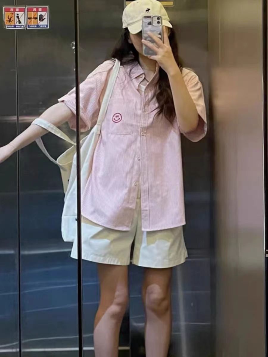 Smiley face short-sleeved shirt jacket for women summer 2024 new pink striped loose casual college style shirt top