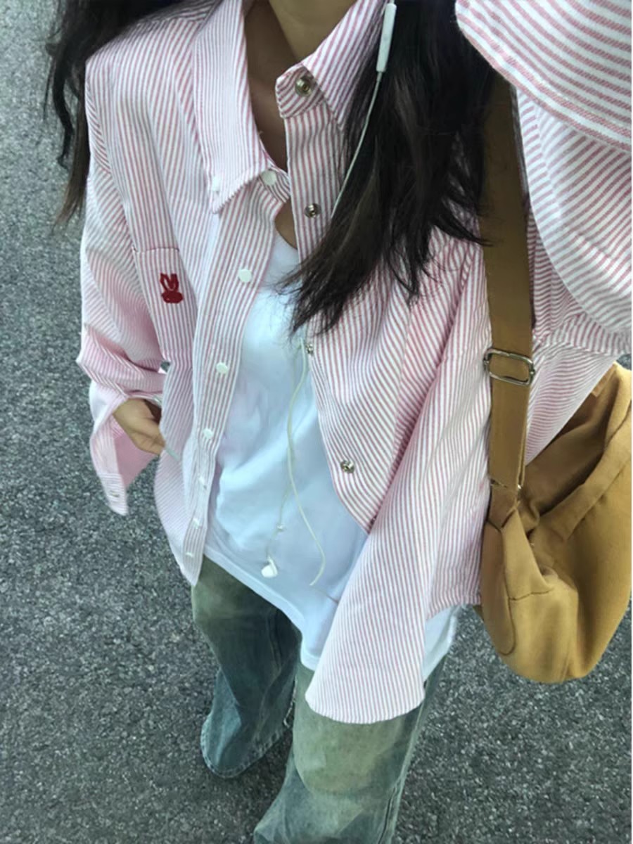 Japanese sweet rabbit striped long-sleeved shirt for women in spring and autumn loose French design niche casual versatile top