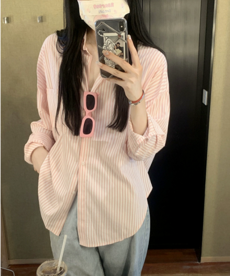 Lazy Style Striped Lapel Long Sleeve Sun Protection Shirt Women's  New Top Summer Loose Casual Outerwear