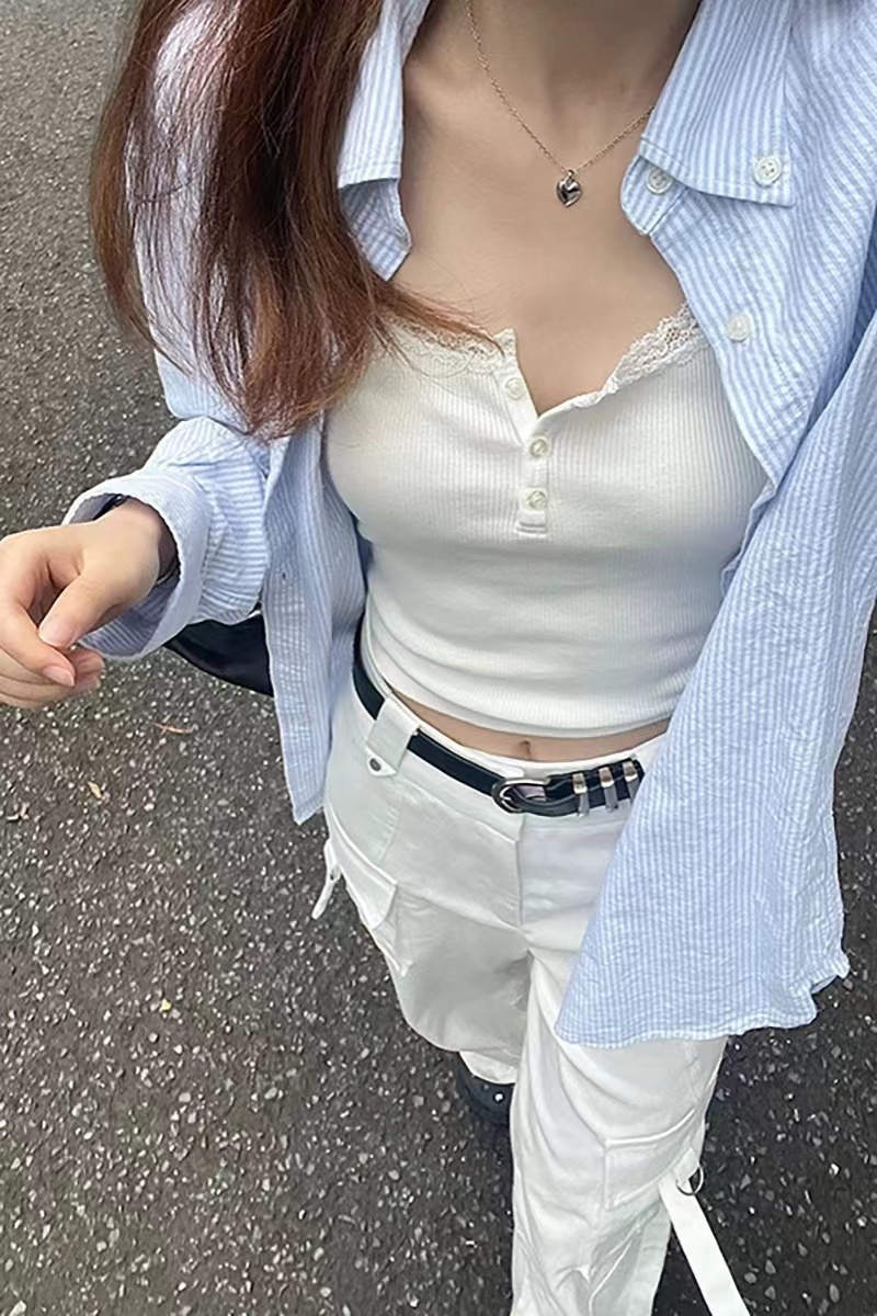 New spring and autumn blue striped shirt jacket for small people to wear niche bottoming shirt women's French long-sleeved top