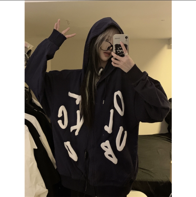 CVC Huamian  Autumn and Winter Fun Sweet Alphabet Zipper College Style Couple Sweater Hooded Versatile Jacket