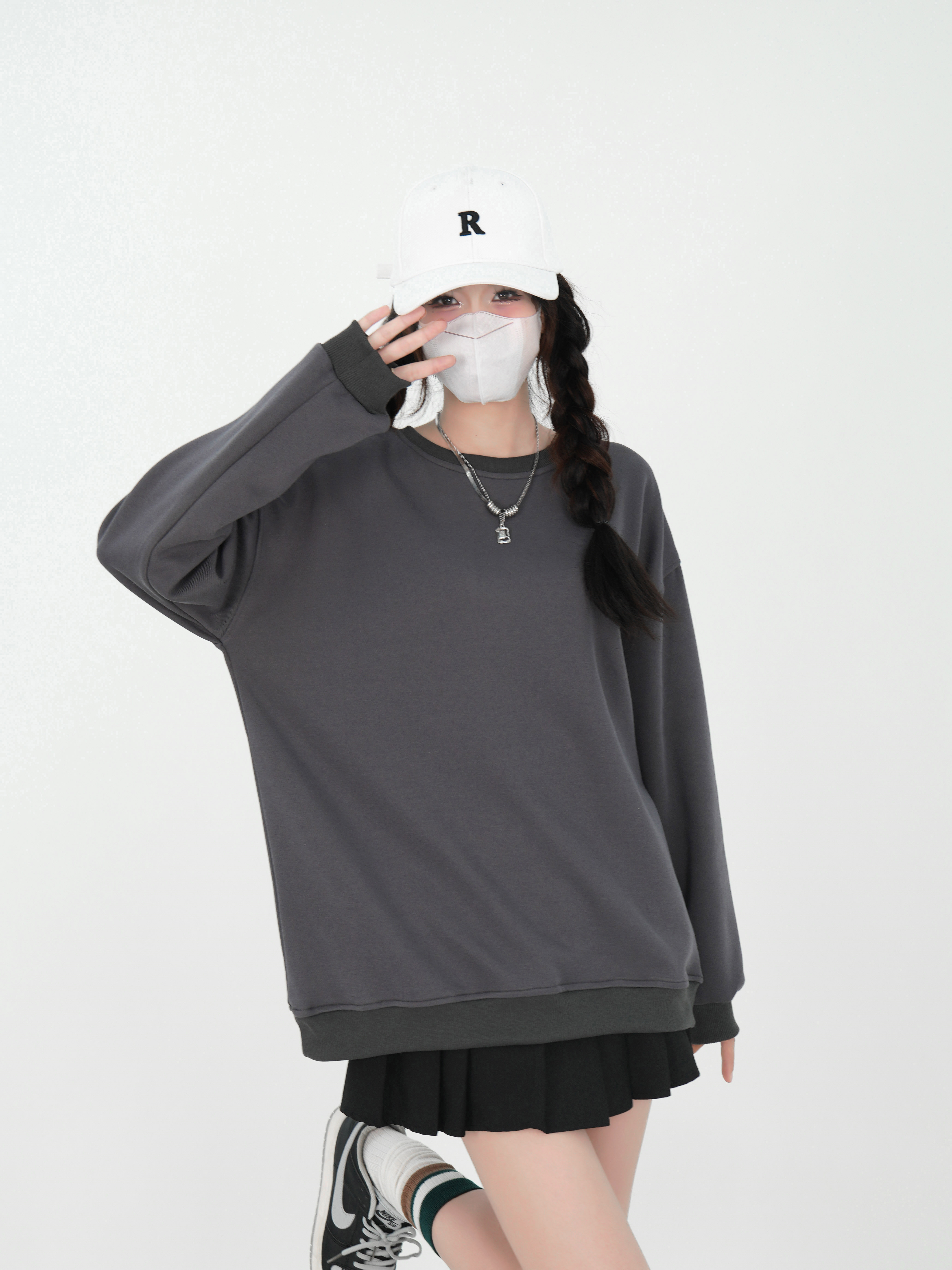 Real shot 100% cotton surface Huamian  new autumn and winter thin plus velvet solid color round neck sweatshirt women's tops long sleeves