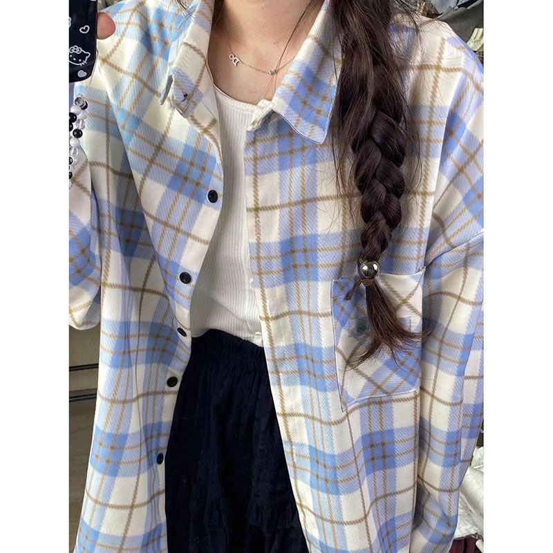 2024 spring thin forest style fresh blue plaid shirt women's shirt with cardigan loose lazy style top