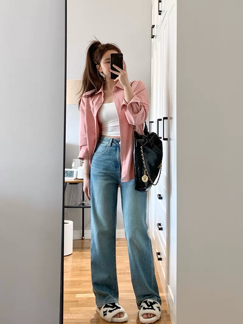 Pink polo collar shirt jacket autumn  new Korean fashion age-reducing casual loose long-sleeved top for women