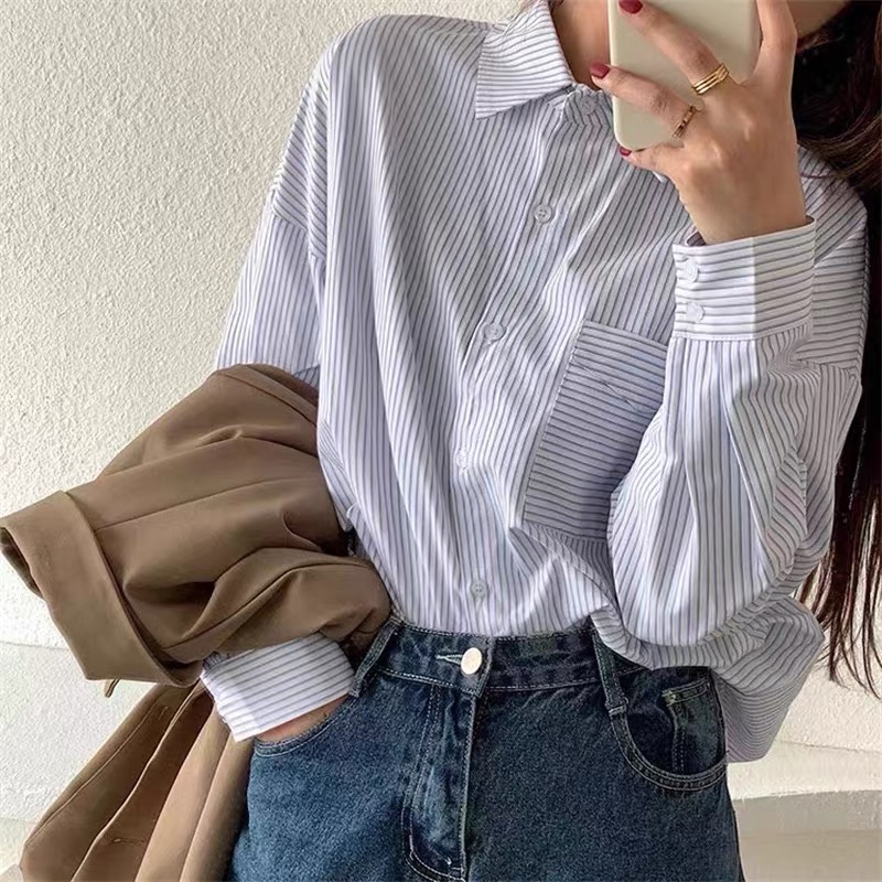 Cotton striped shirt women's design niche shirt cardigan sun protection fresh coat long-sleeved top worn inside and outside