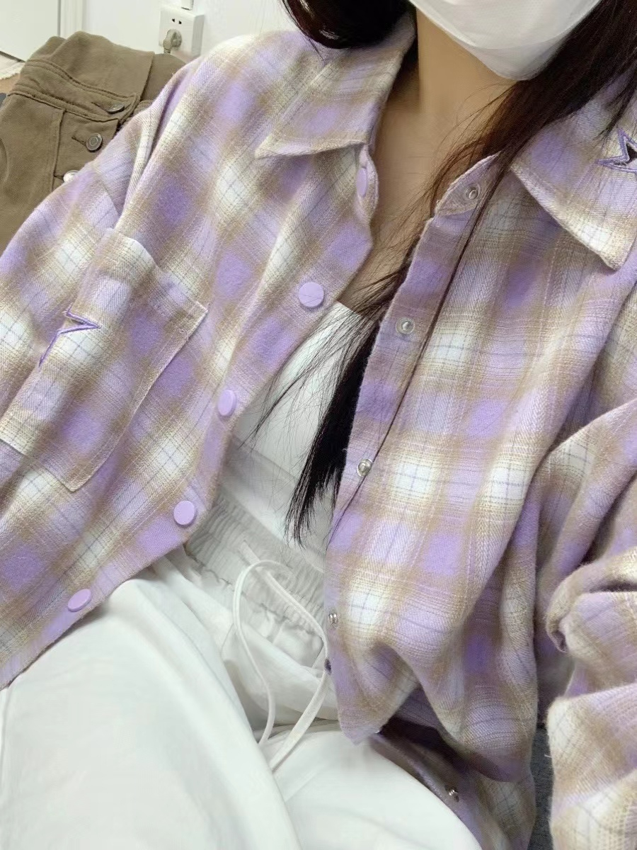 American sweet plaid shirt for women spring new design niche shirt jacket long-sleeved top cardigan trendy