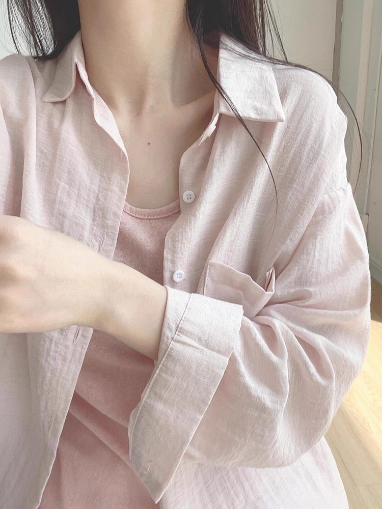 French solid color thin sun protection long-sleeved shirt women's summer new loose slim shirt layered top jacket