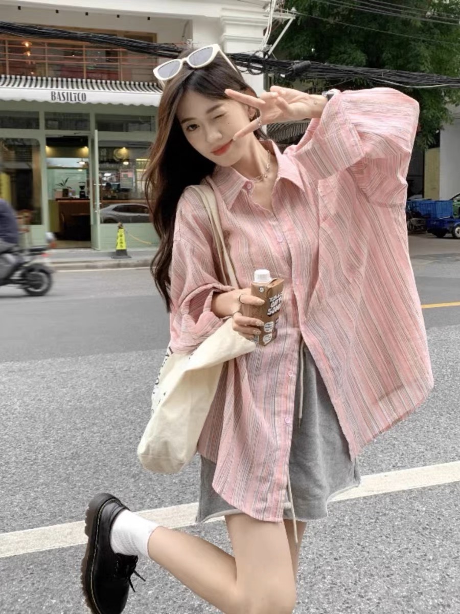 Original fabric breathable and thin striped cotton and linen long-sleeved shirt for women summer oversize design pink sun protection