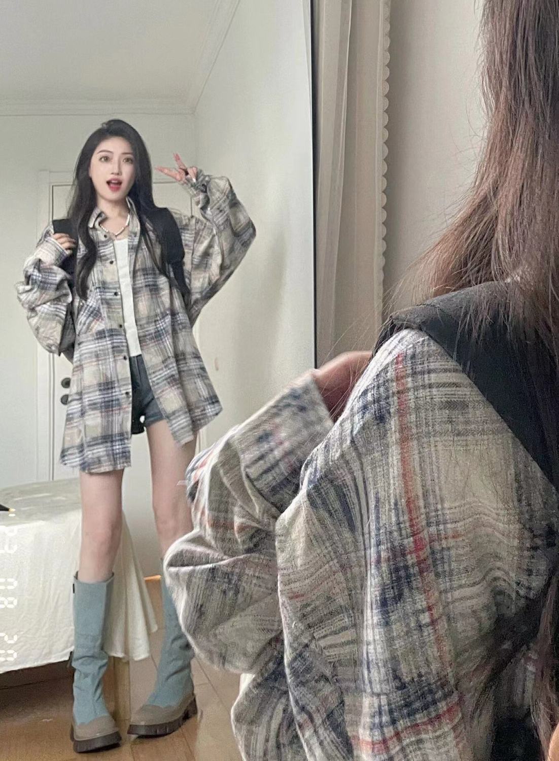 2024 Autumn and Winter American Retro Plaid Shirt Women's Loose Versatile Casual Cardigan Long Sleeve Lapel Shirt Jacket Trendy