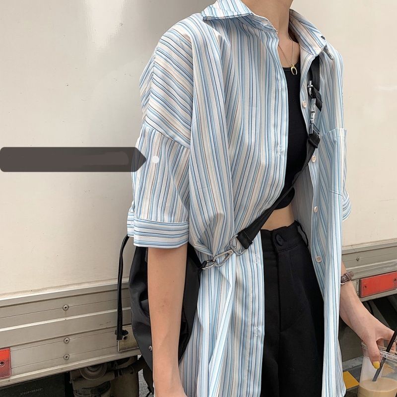 Blue vertical striped mid-length shirt for women summer new 2024 soft girl student forest short-sleeved shirt loose top