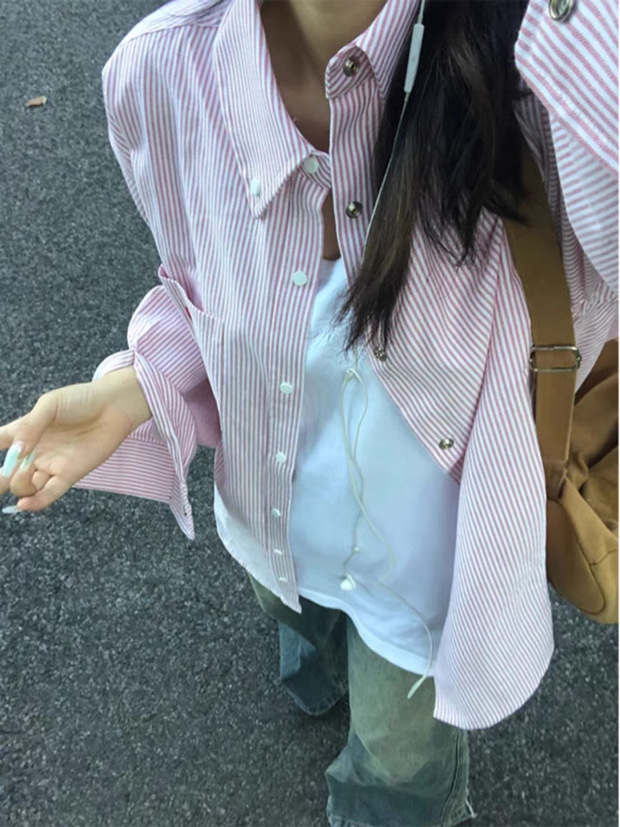 Japanese sweet rabbit striped long-sleeved shirt for women in spring and autumn loose French design niche casual versatile top